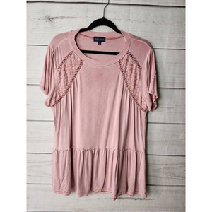 Artesia Womens Blouse Pink Short Sleeve Scoop‎ Neck Stretch Lace Boho Pleats L